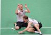 Denmark's Mathias Boe (R) and Carsten Mogensen celebrate after their victory over Chung Jae Sung and Lee Yong Dae of South Korea in the semi-final men's doubles badminton match at the London 2012 Olympic Games in London on August 4, 2012. Denmark won the match 17-21, 21-18, 22-20.