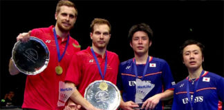 Vladimir Ivanov (left)/Ivan Sozonov (second left) defeated Hiroyuki Endo/Kenichi Hayakawa of Japan 21-23, 21-18, 21-16 to win the 2016 All England men's doubles title. (photo: BWF)