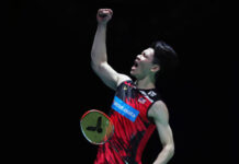 Lee Zii Jia pumps his fist after his 2021 All England semi-final victory. (photo: Naomi Baker/Getty Images)