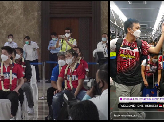 Kevin Sanjaya Sukamuljo, Marcus Fernaldi Gideon, Hendra Setiawan, and the whole Indonesian team have arrived safely in Indonesia Monday night Indonesian time. (photo: PBSI)