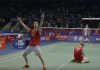 Carsten Mogensen drops to his knees while Mathias Boe celebrates their 1st round victory at the 2016 Indonesia Open.