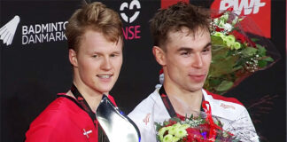 Anders Antonsen and Rasmus Gemke together on Denmark Open podium.