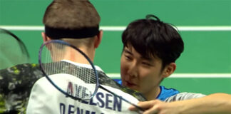 Loh Kean Yew greets Viktor Axelsen after the Denmark Open quarter-final match.